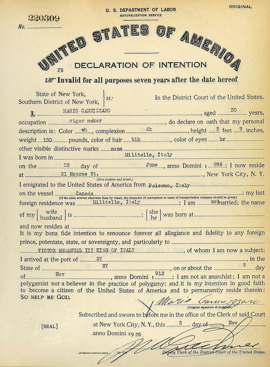 Mario Cannizzaro Immigration Record