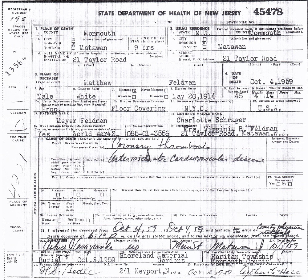 Matthew Feldman Death Certificate