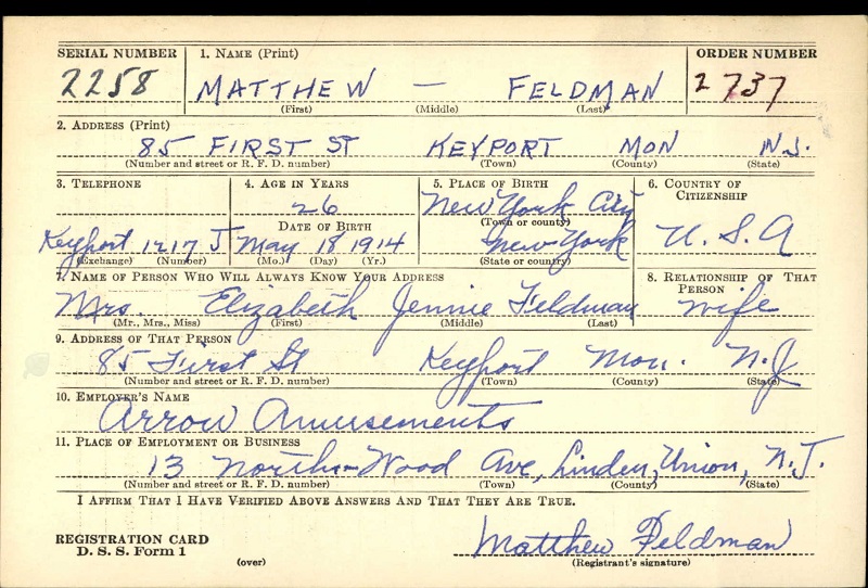 Matthew Feldman WW2 Draft Registration