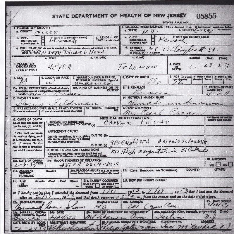 Meyer Feldman Death Certificate