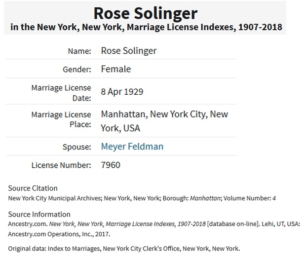 Meyer Feldman and Rose Solinger Marriage