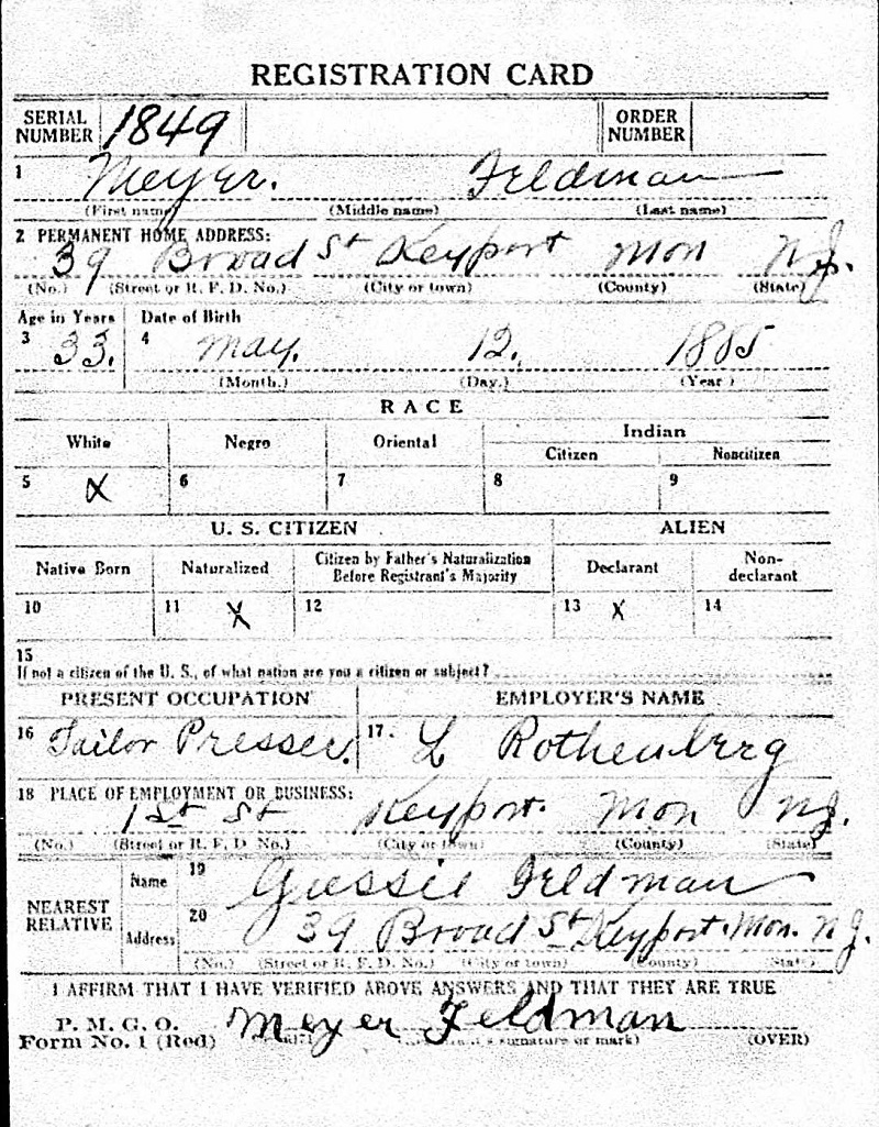 Meyer Feldman WWI Draft Registration