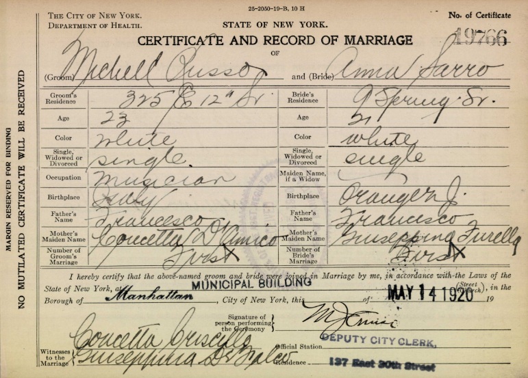 Michele Russo and Anna Sarro Marriage Certificate