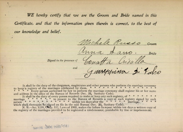Michele Russo and Anna Sarro Marriage Certificate