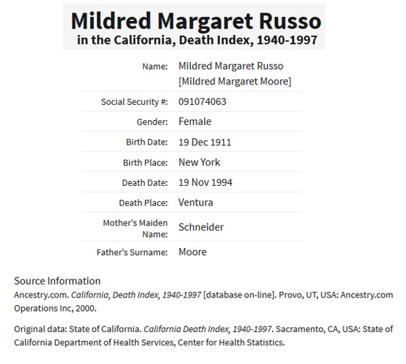 Mildred Margaret Moore Russo Death Index