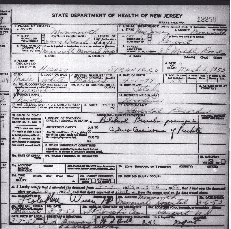 Nicolo Straniero Death Certificate