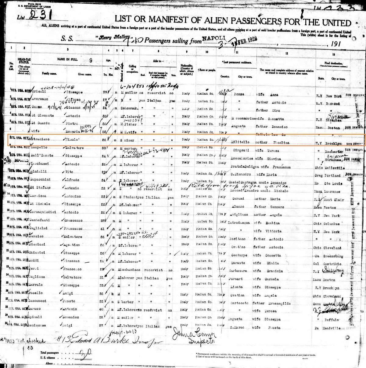 Nicolo Straniero Immigration Record