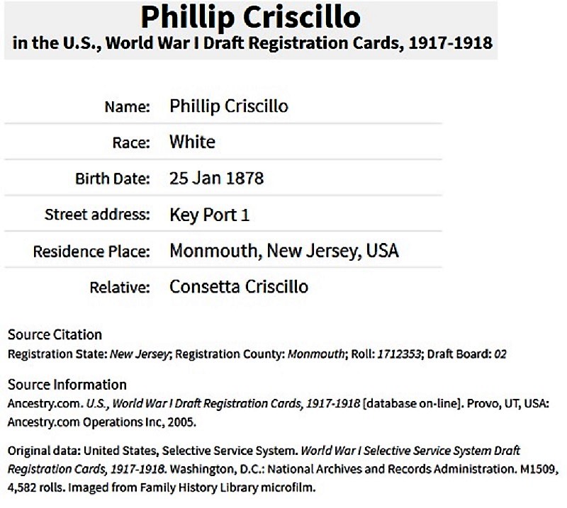 Phillip Criscillo World War I Draft Registration