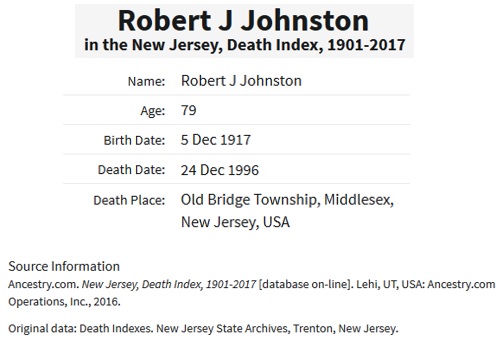 Robert J. Johnston Death Index