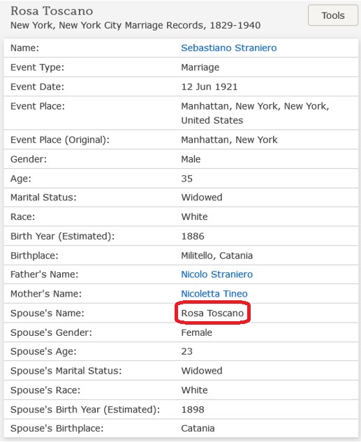 Sebastiano Straniero and Rosa Toscano Marriage Index