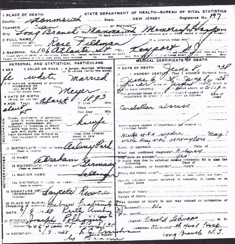 Rose Solinger Feldman Death Certificate