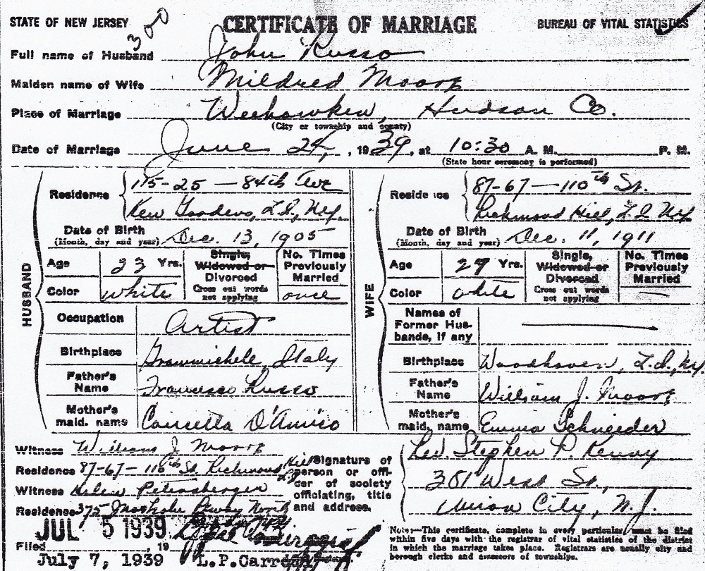 John Russo and Mildred Moore Marriage Certificate