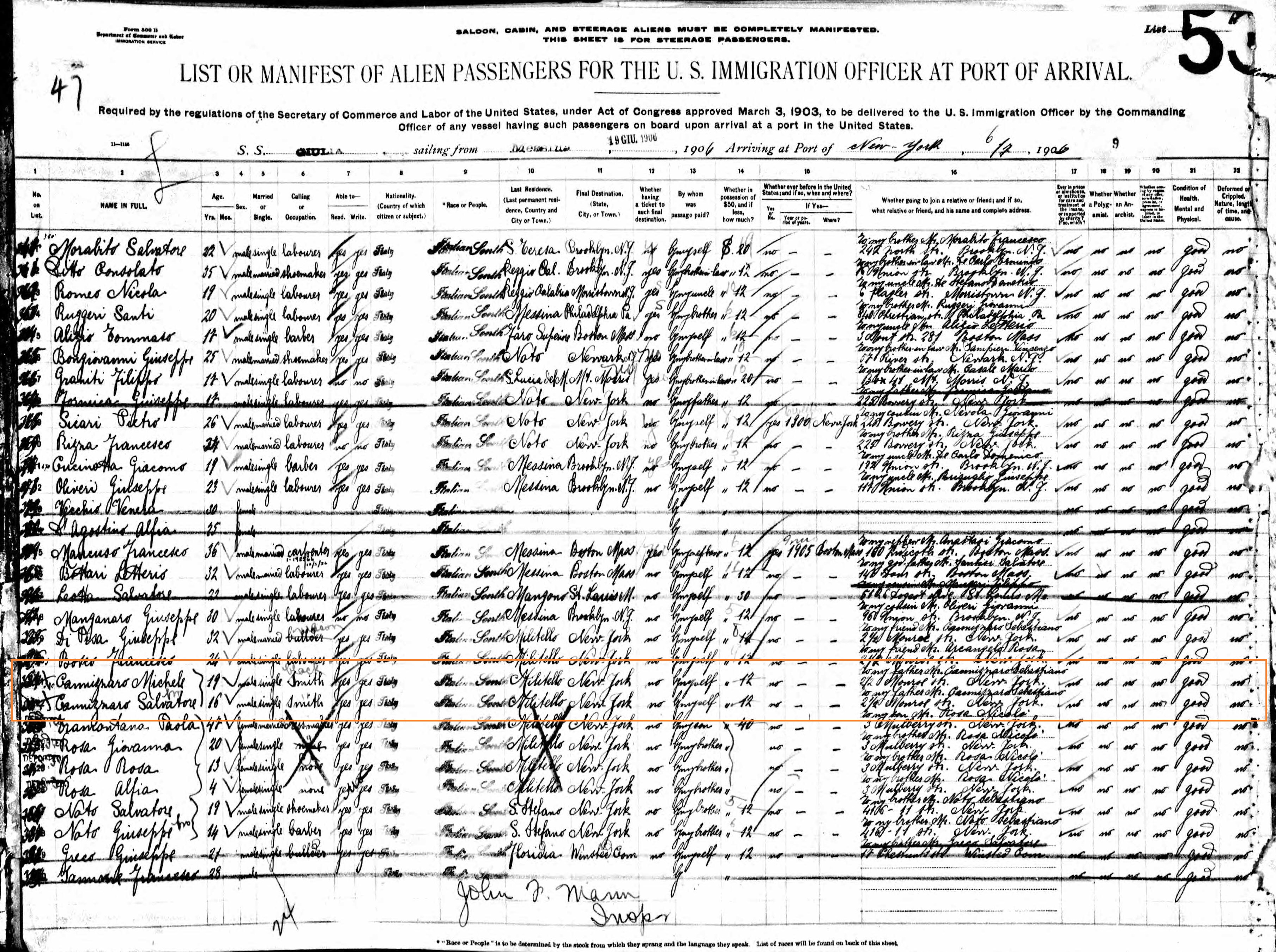 Salvatore Cannizzaro and Francesca Russo Immigration Records