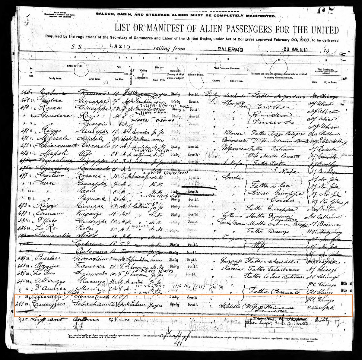 Sebastian Cannizzaro Immigration Records