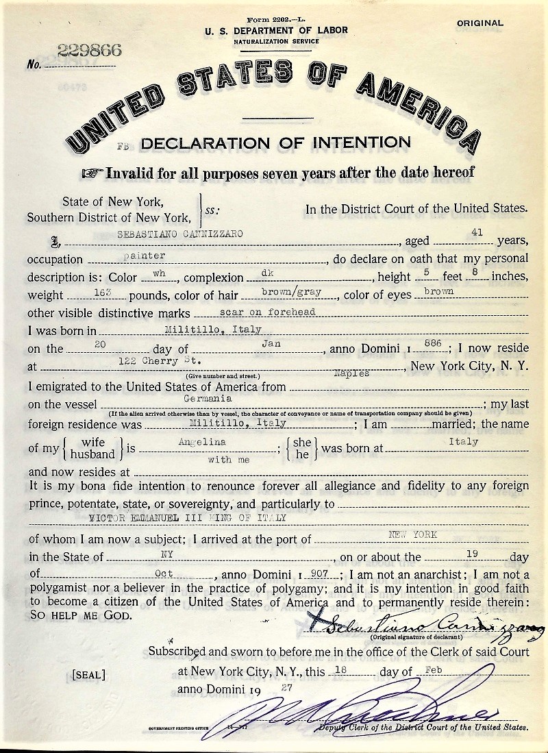 Sebastiano Cannizzaro Immigration and Naturalization Records