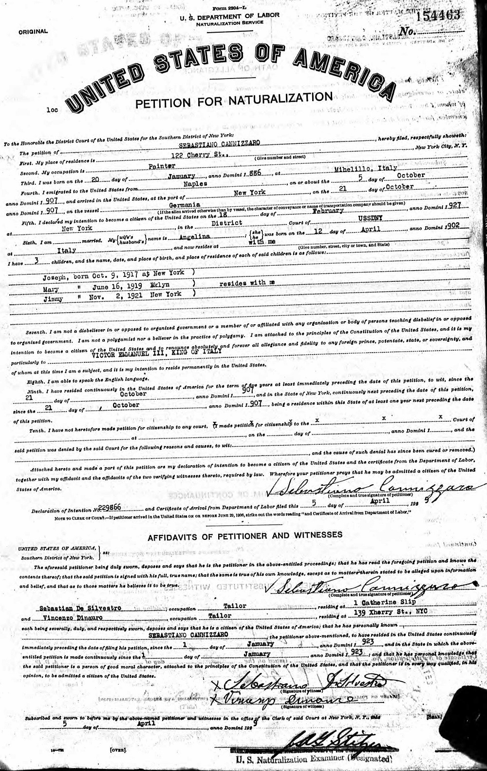 Sebastiano Cannizzaro Immigration and Naturalization Records