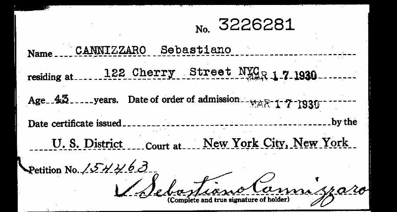 Sebastiano Cannizzaro Immigration and Naturalization Records