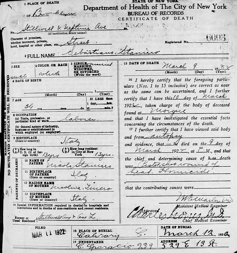 Sebastiano Straniero Death Certificate