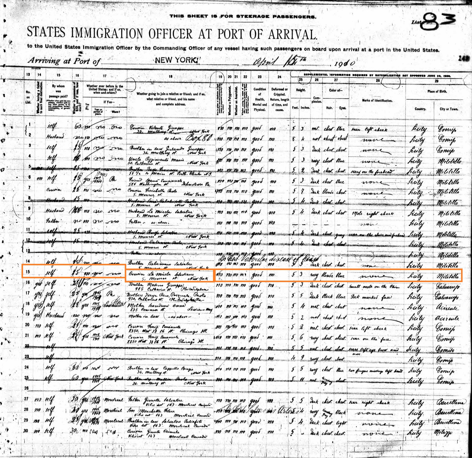 Sebastiano Straniero Immigration Records