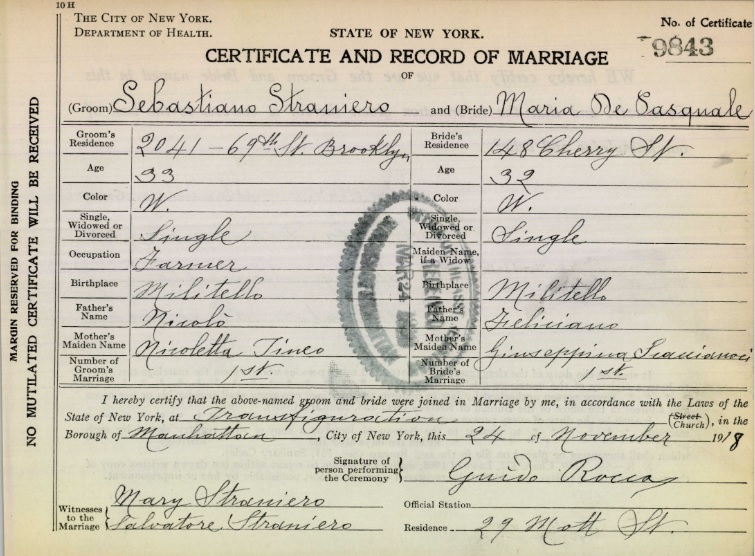 Sebastiano Straniero and Maria DePasquale Marriage Certificate