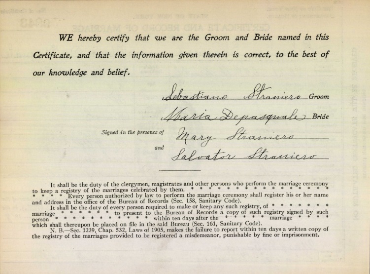 Sebastiano Straniero and Maria DePasquale Marriage Certificate