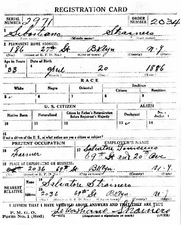 Sebastiano Straniero World War I Draft Registration