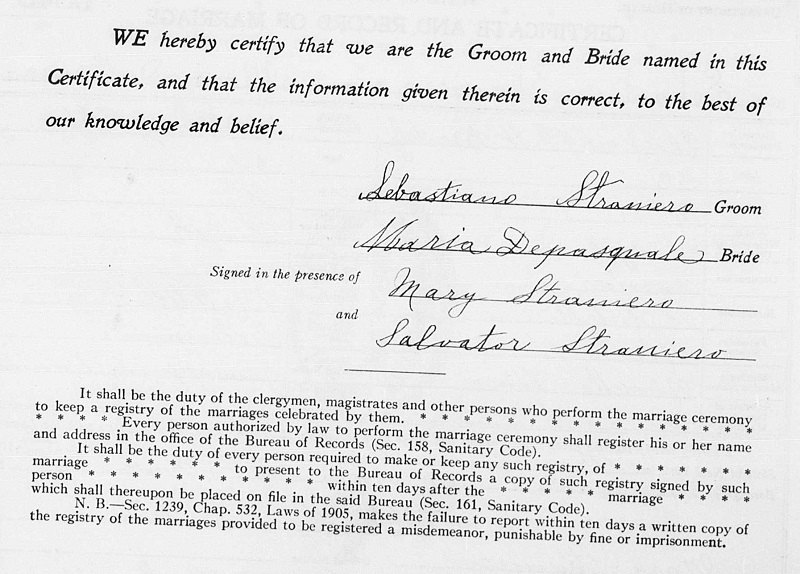 Sebastiano Straniero and Maria DePasquale Marriage Certificate