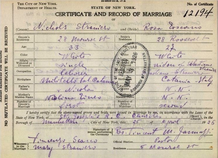 Nicolo Straniero and Rosa Toscano Marriage Index