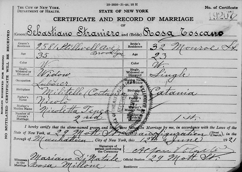 Sebastiano Straniero and Rosa Toscano Marriage Certificate