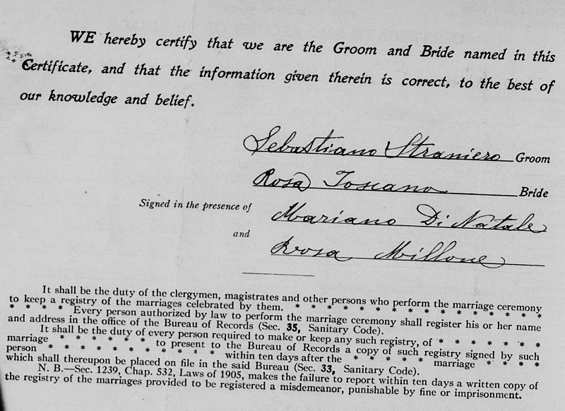 Sebastiano Straniero and Rosa Toscano Marriage Certificate