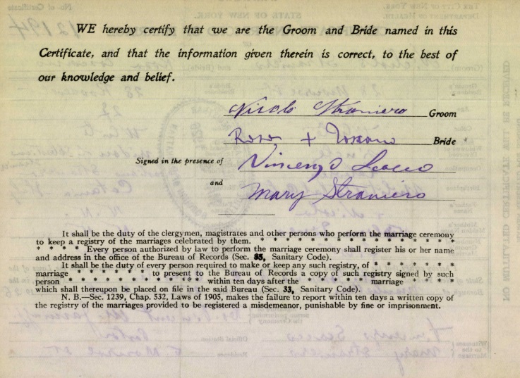 Nicolo Straniero and Rosa Toscano Marriage Index