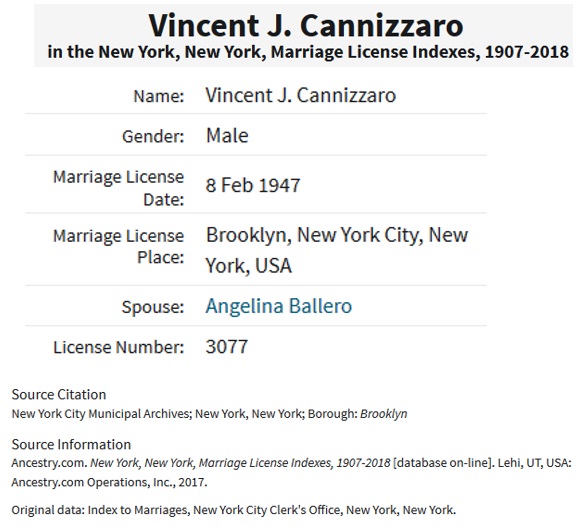 Vincent Cannizzaro and Angelina Ballero Marriage Index