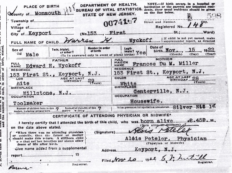 Warren Wyckoff Birth Certificate