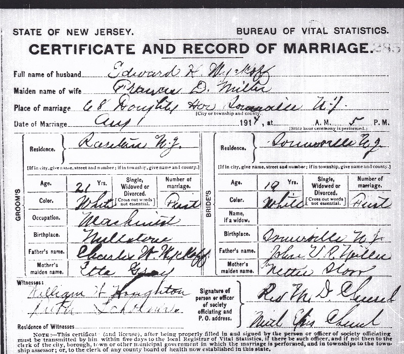 Edward H. Wyckoff and Frances D. Miller Marriage